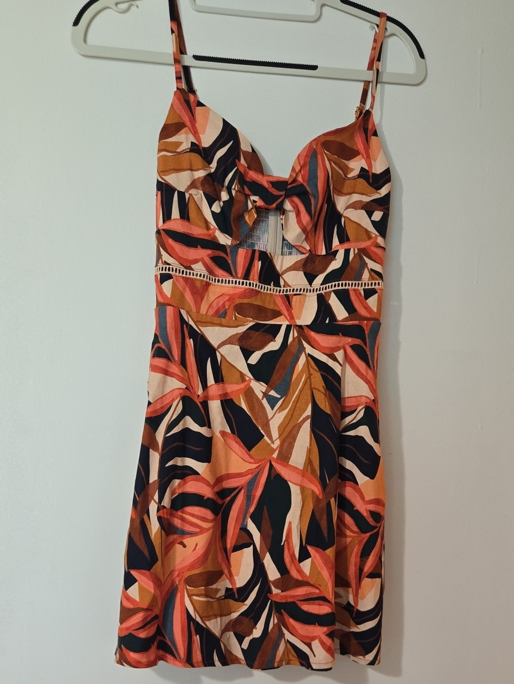 Tropical Leaf Print Mini Dress in Coral Multi